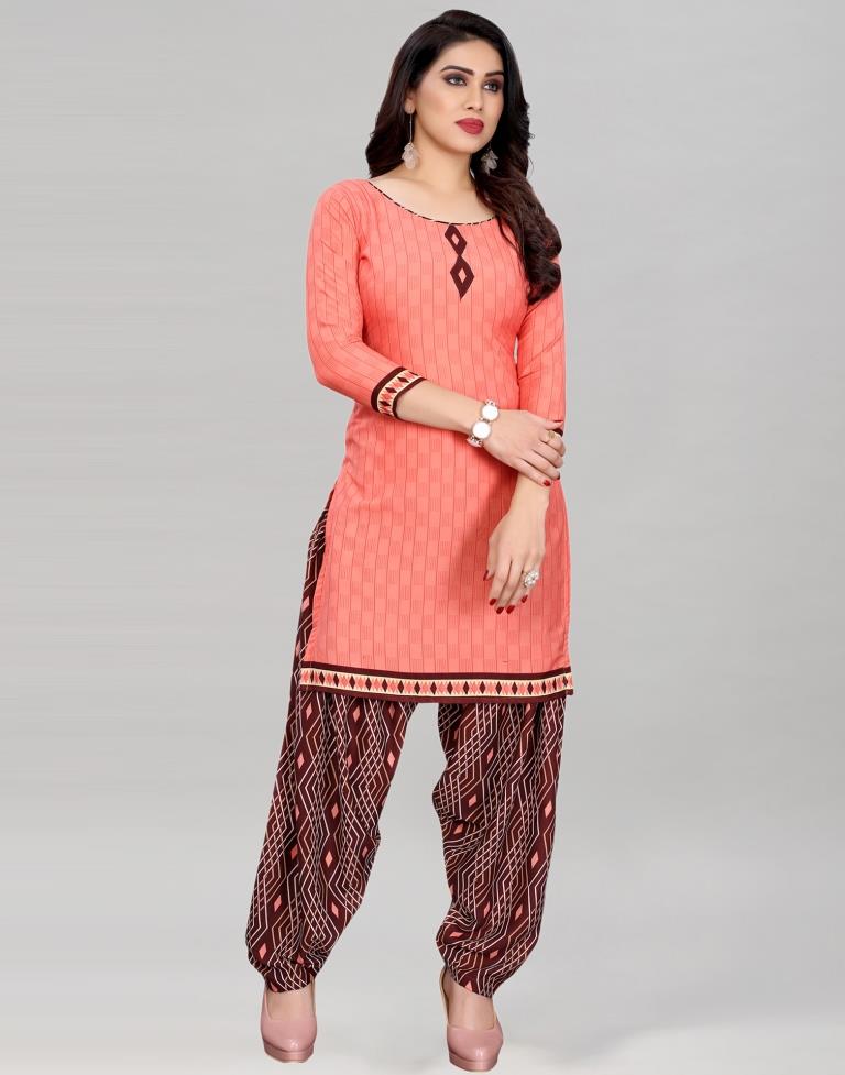 Coral Pink Printed Unstitched Salwar Suit | Leemboodi