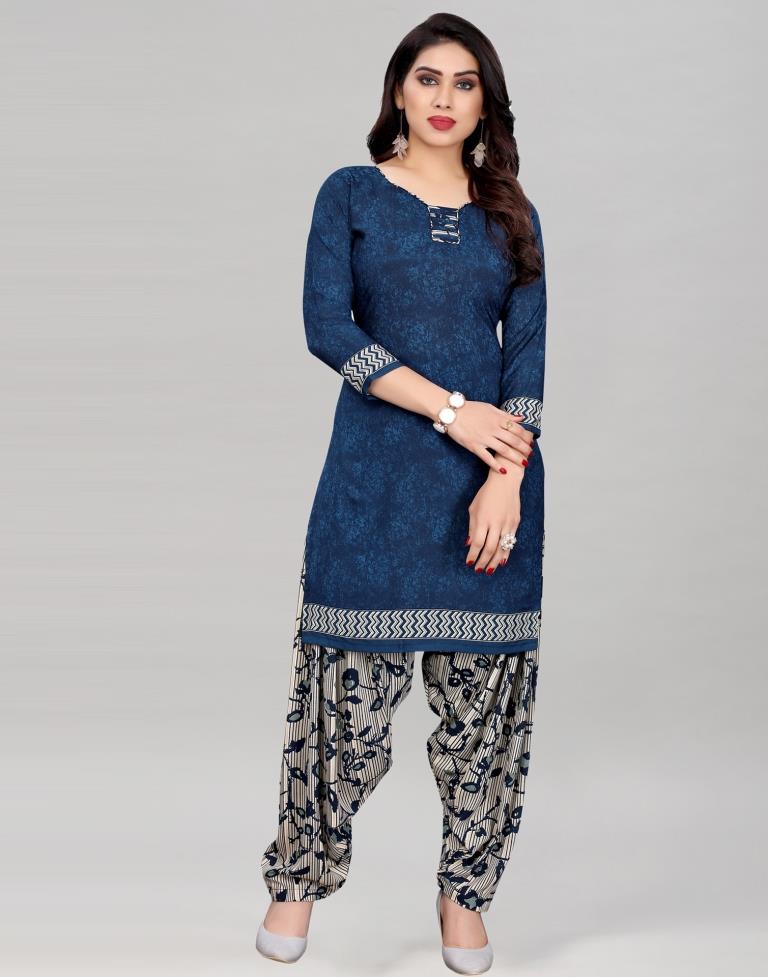 Dark Blue Printed Unstitched Salwar Suit | Leemboodi