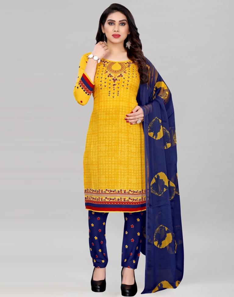Turmeric Yellow Printed Unstitched Salwar Suit | Leemboodi