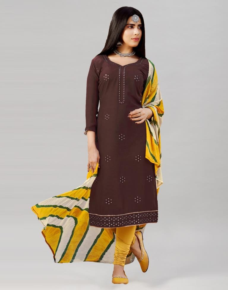 Dark Brown Cotton Embroidered Unstitched Salwar Suit | Leemboodi