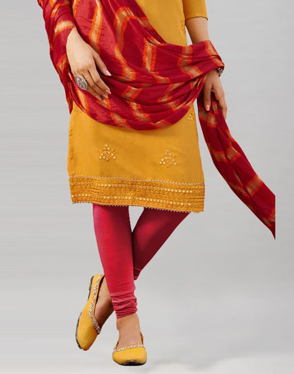 Mustard Yellow Cotton Embroidered Unstitched Salwar Suit | Leemboodi