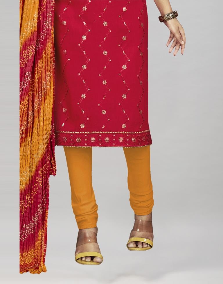 Red Cotton Embroidered Unstitched Salwar Suit | Leemboodi
