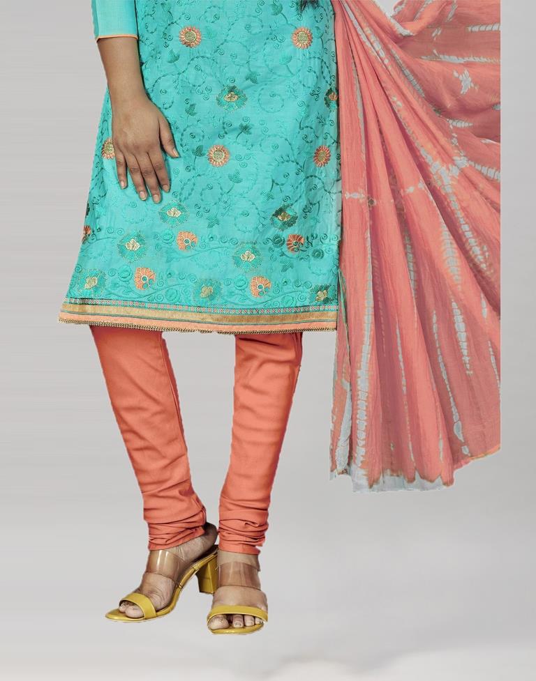 Aqua Blue Cotton Embroidered Unstitched Salwar Suit | Leemboodi