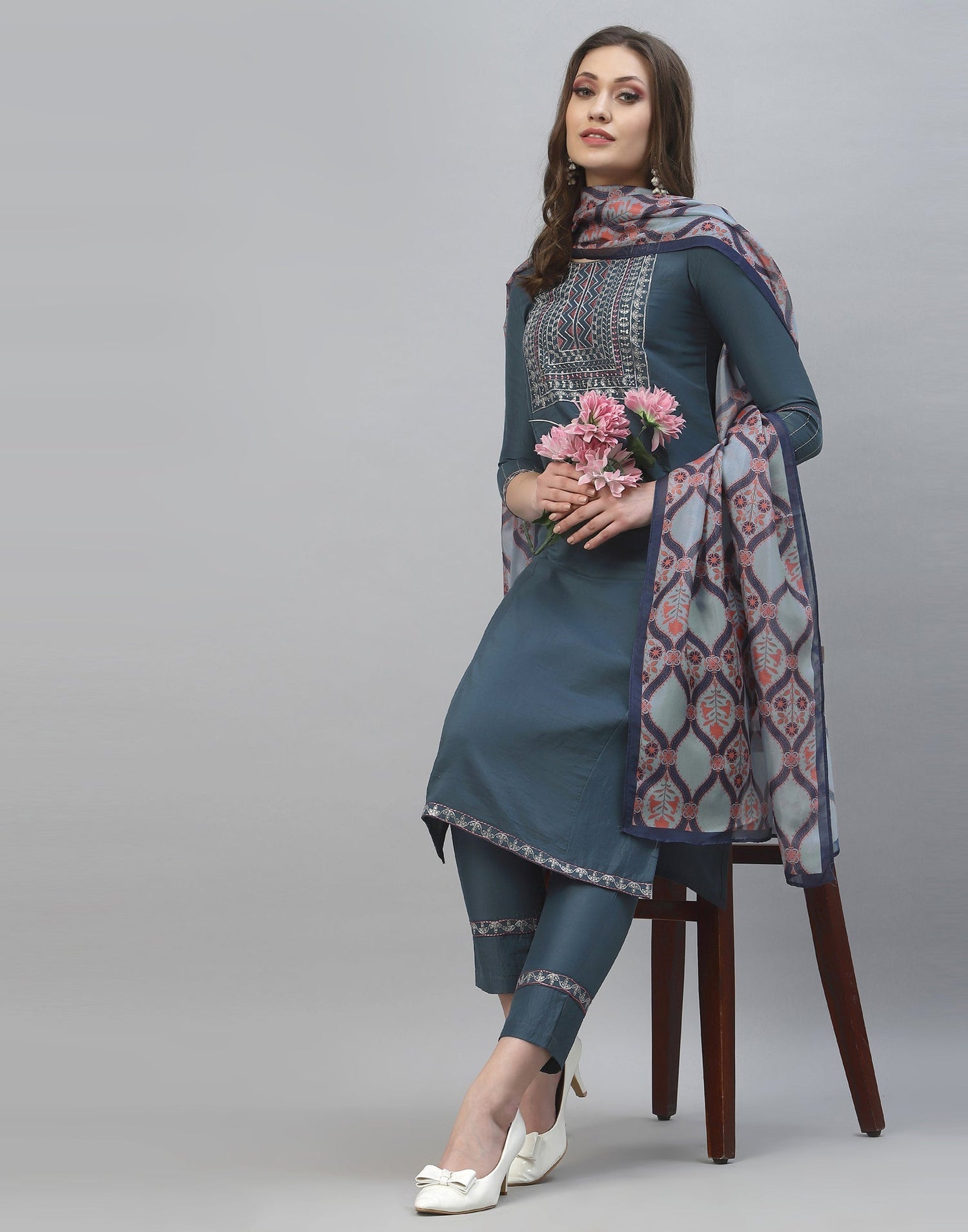 Grey Kurti with Pant And Dupatta | Leemboodi