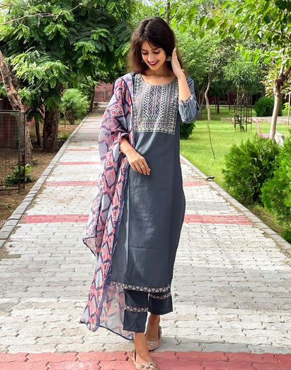 Grey Kurti with Pant And Dupatta | Leemboodi