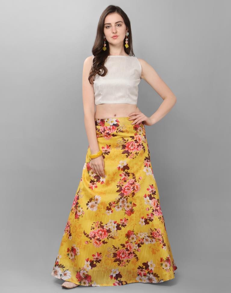 Fantastic Mustard Coloured Bhagalpuri Silk Digital Floral Printed Casual Wear Lehenga | Leemboodi
