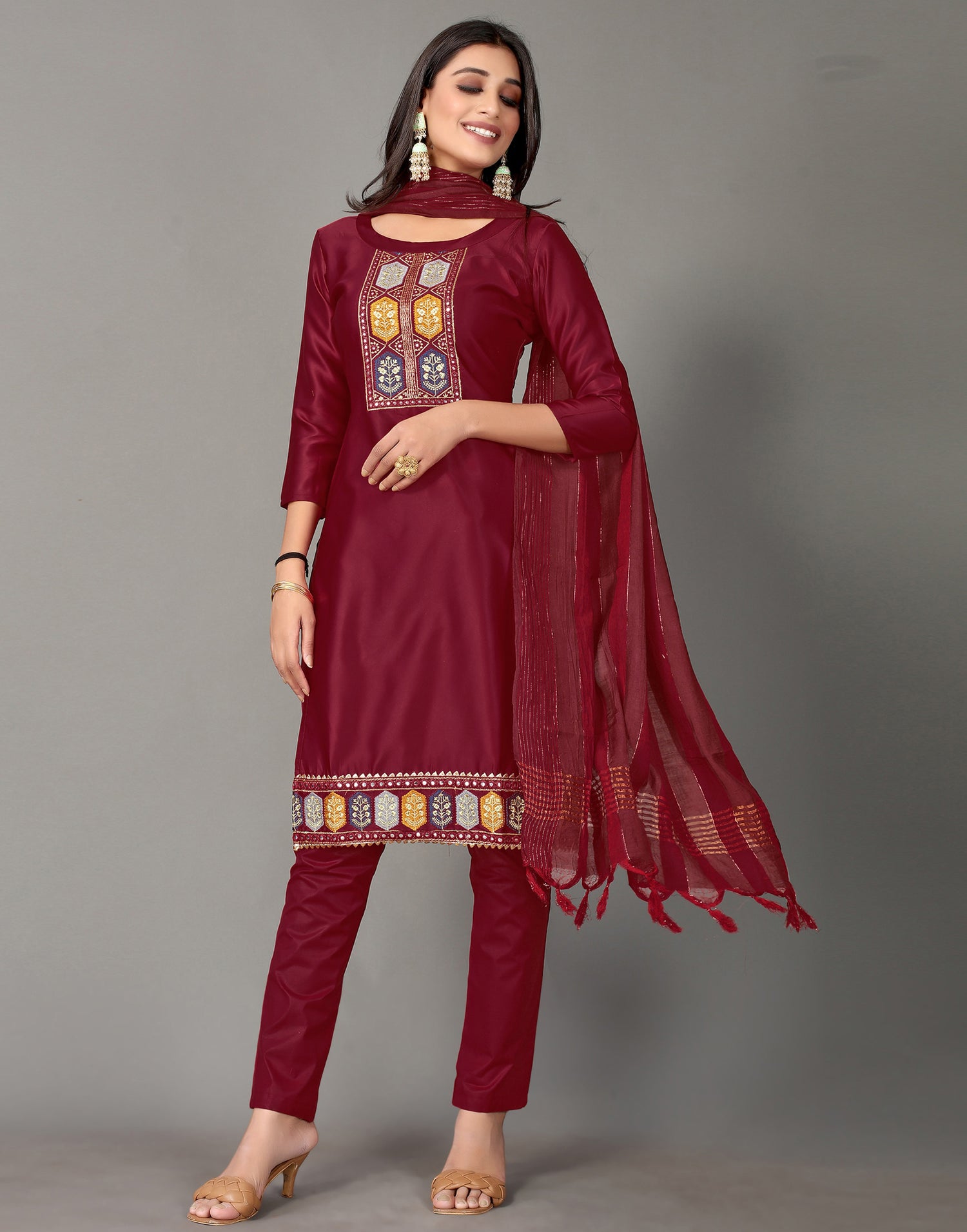 Embroidery Silk Unstitched Salwar Suit Material | Leemboodi