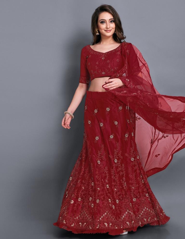 Outstanding Red Coloured Net Emroidered Laced Casual Wear Lehenga | Leemboodi
