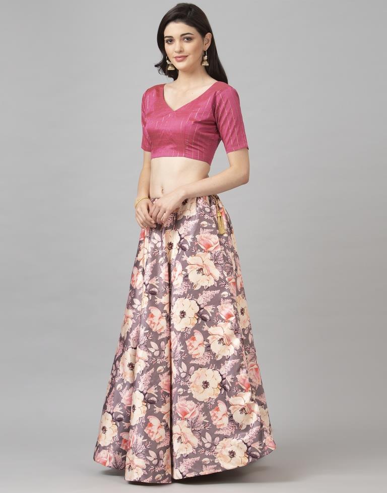 Affluent Dusty Lovendar Coloured Poly Silk Digital Printed Casual Wear Lehenga | Leemboodi