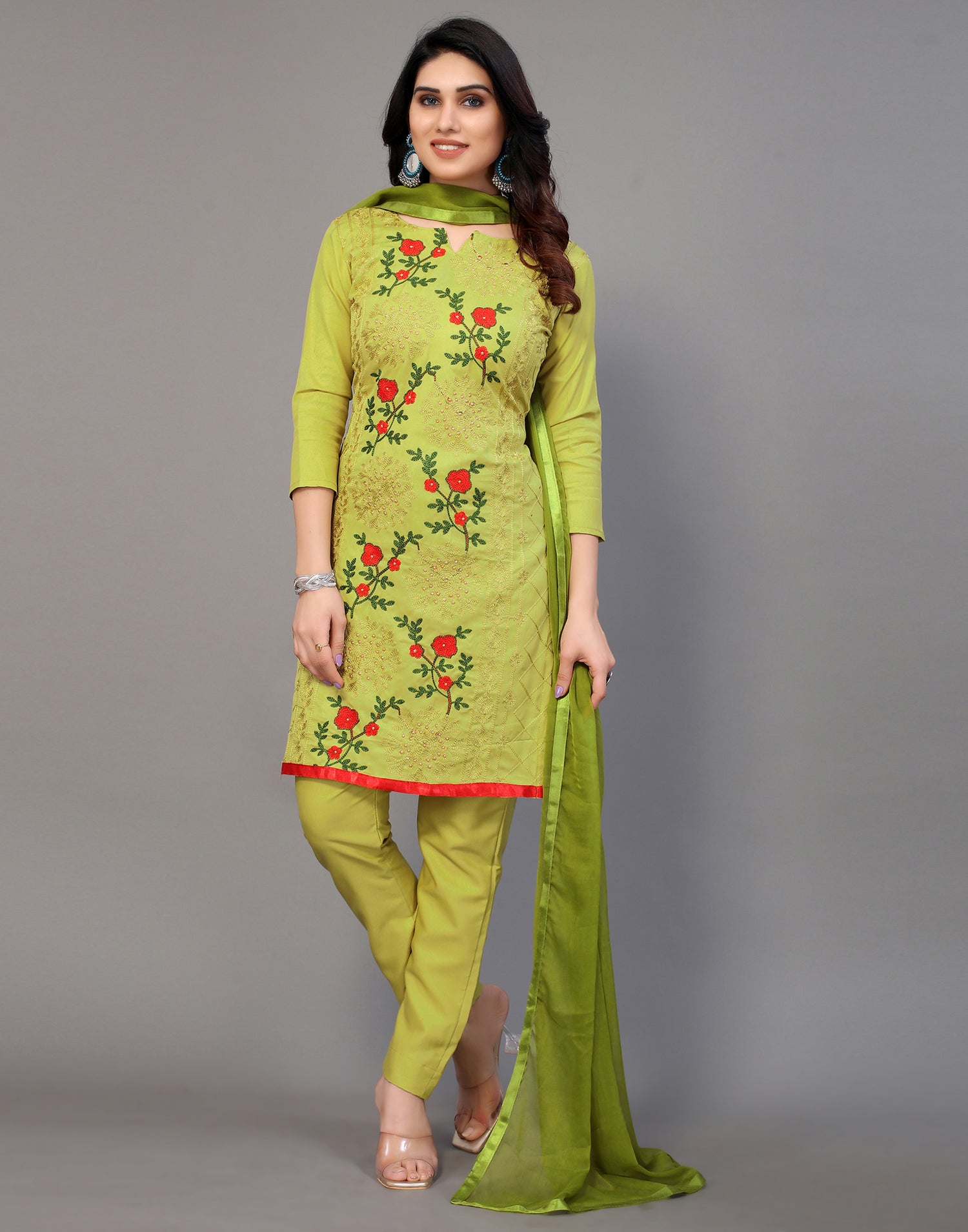 Embroidery Cotton Blend Unstitched Salwar Suit Material | Leemboodi