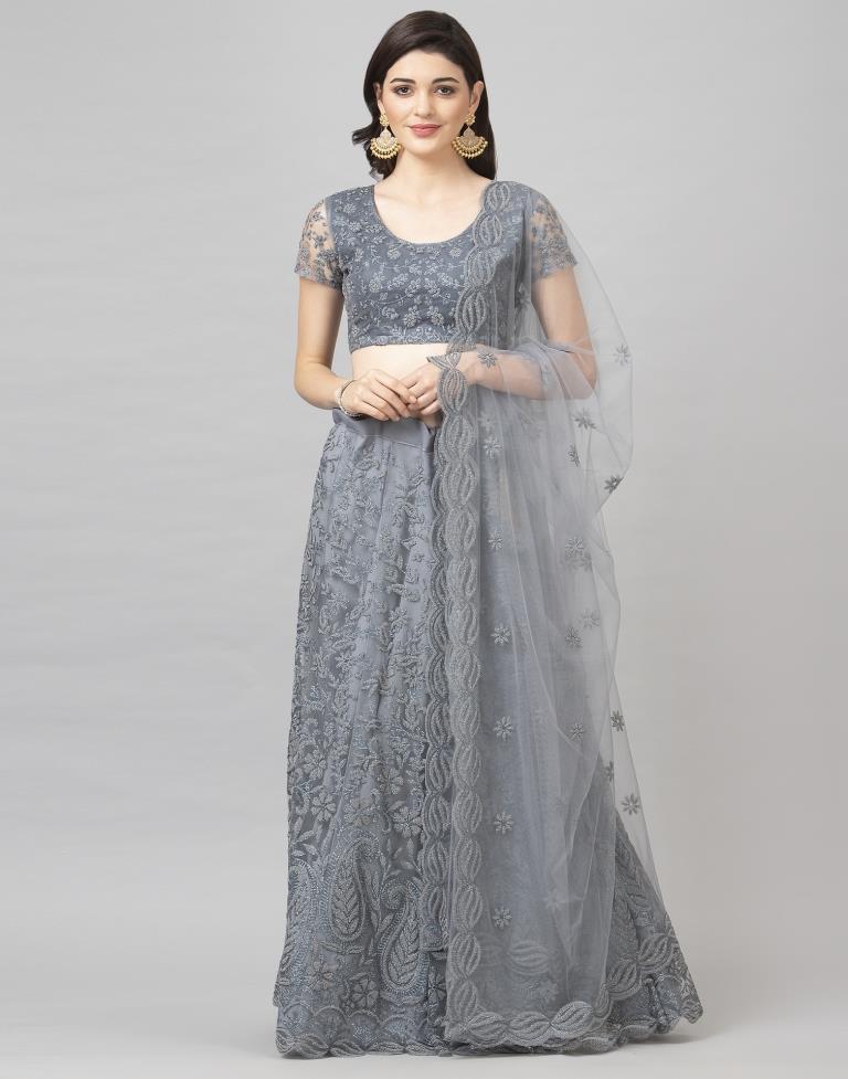 Enchanting Grey Coloured Net Glitter Embellished Casual Wear Lehenga | Leemboodi