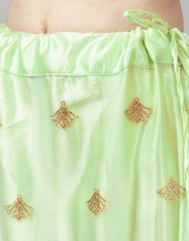 Mesmerising Green Coloured Net Embroidered &amp; Jari Thread Casual Wear Lehenga | Leemboodi