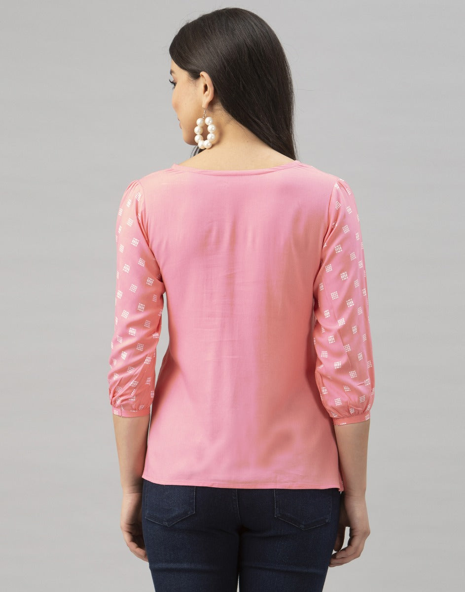 Brilliant Light Pink Coloured Printed Rayon Tops | Leemboodi