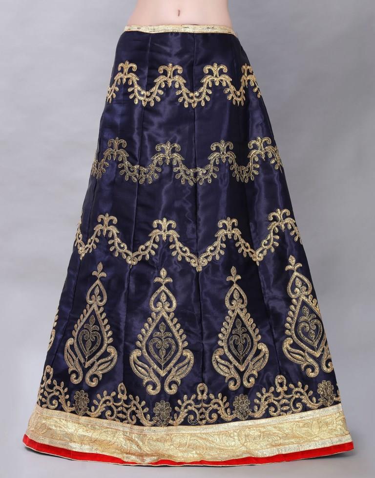 Idyiic Navy Blue Coloured Satin Silk Embroidered Casual Wear Lehenga | Leemboodi