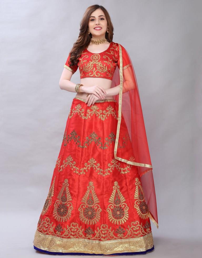 Favourable Red Coloured Satin Silk Embroidered Casual Wear Lehenga | Leemboodi