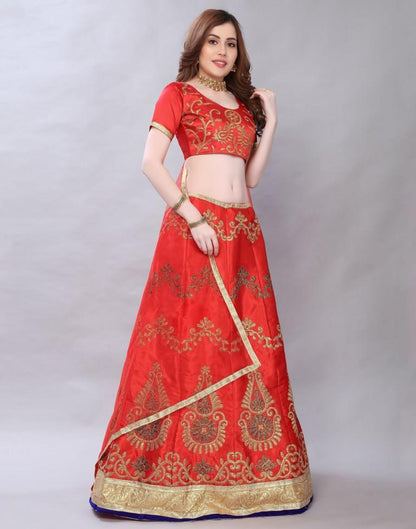Favourable Red Coloured Satin Silk Embroidered Casual Wear Lehenga | Leemboodi