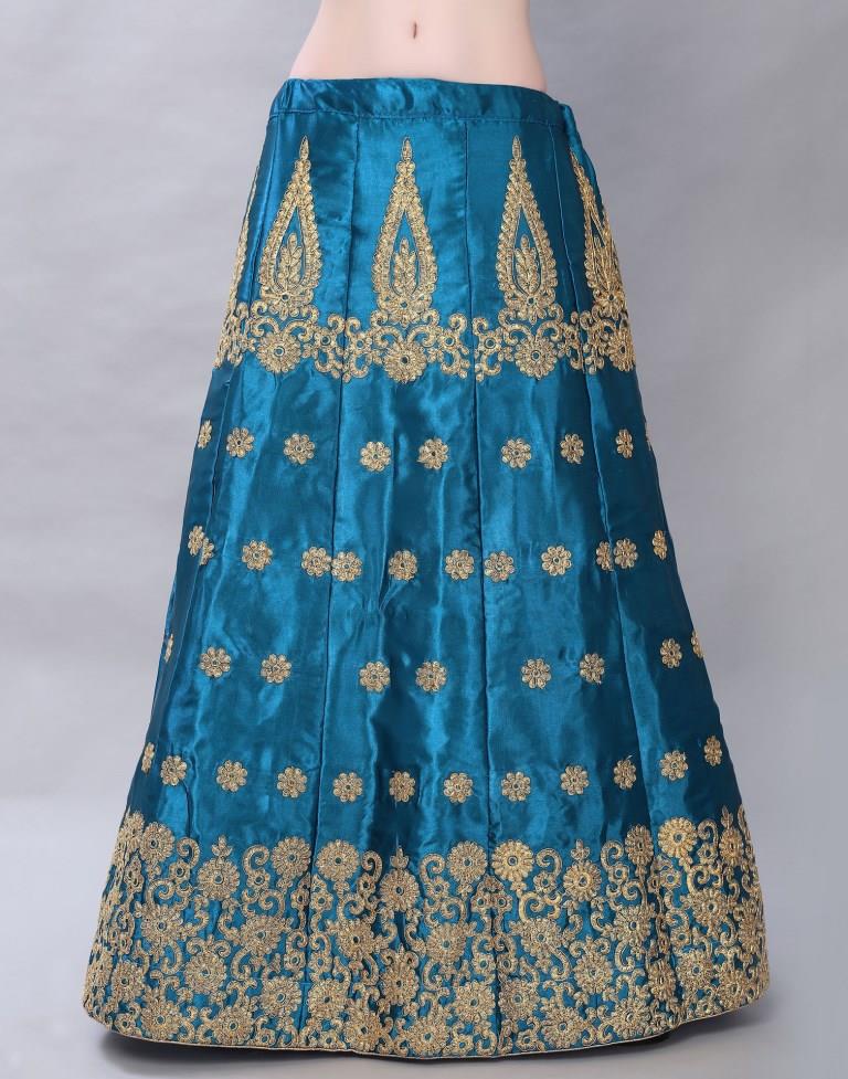 Amazing Teal Blue Coloured Satin Silk Embroidered Casual Wear Lehenga | Leemboodi