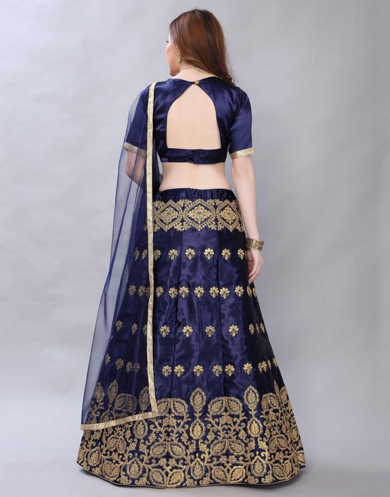 Stupendous Navy Blue Coloured Satin Silk Embroidered Casual Wear Lehenga | Leemboodi