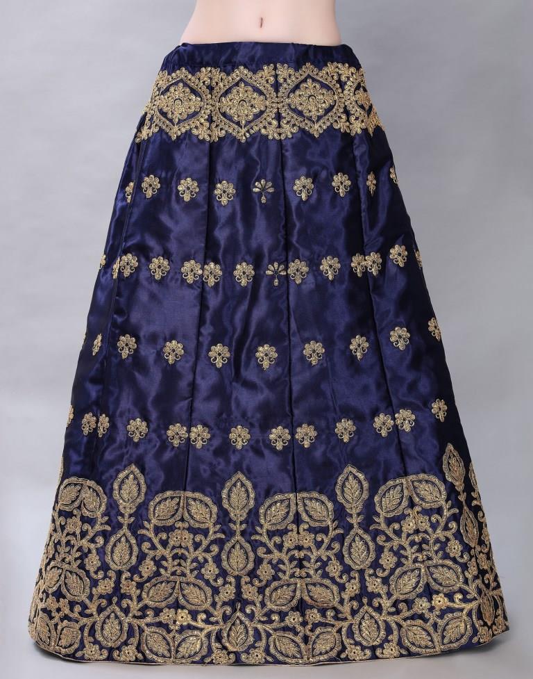 Stupendous Navy Blue Coloured Satin Silk Embroidered Casual Wear Lehenga | Leemboodi