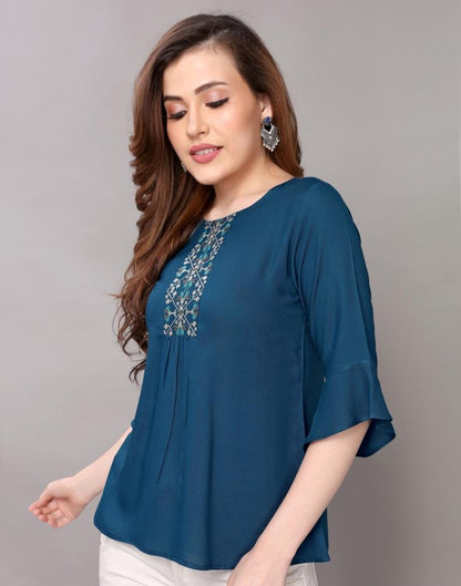 Prussian Blue Coloured Embroidered Rayon Top | Leemboodi