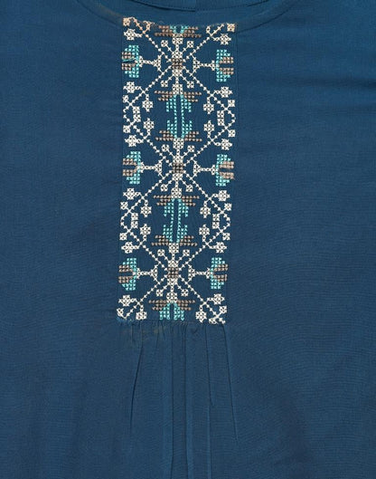 Prussian Blue Coloured Embroidered Rayon Top | Leemboodi