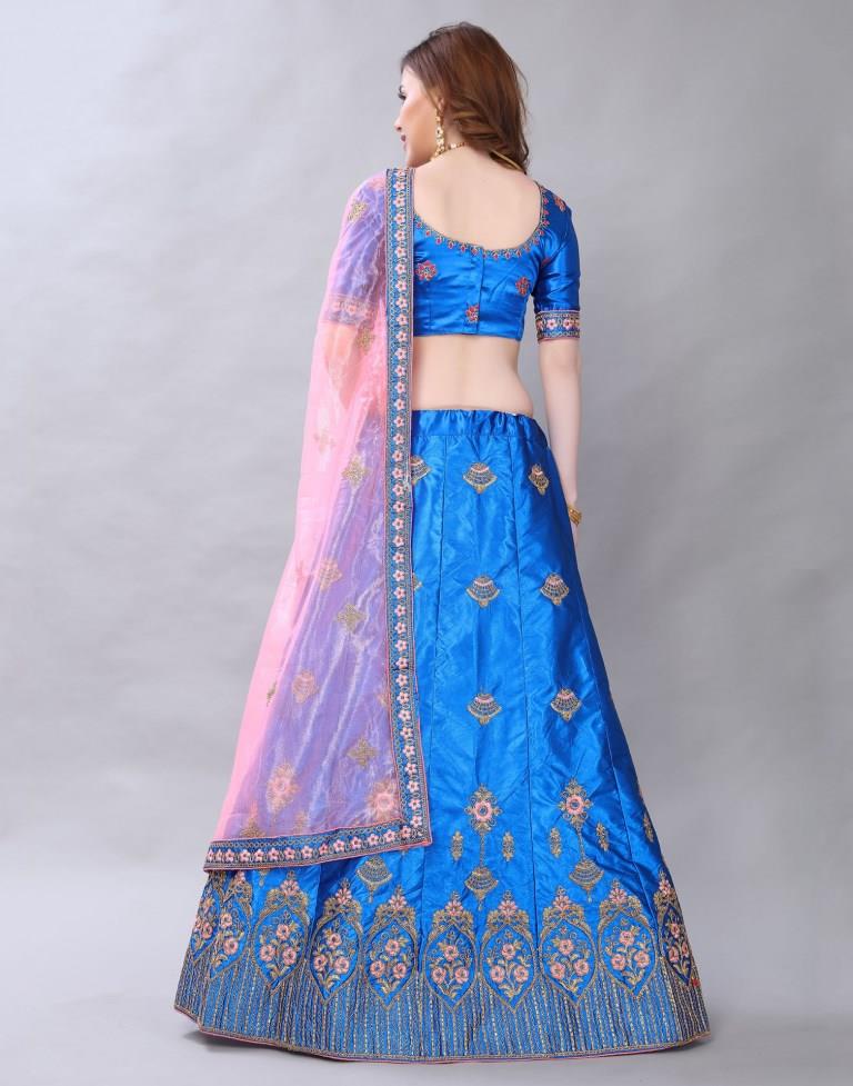 Sparkling Blue Coloured Satin Silk Embroidered Casual Wear Lehenga | Leemboodi