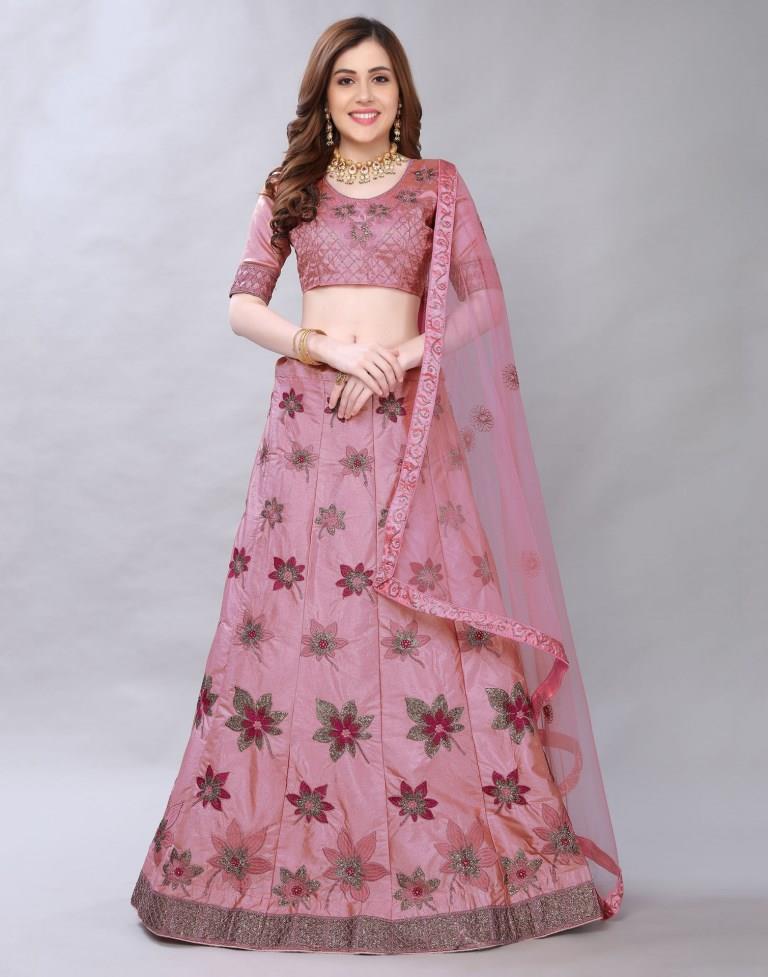 Vibrant Rose Wood Pink Coloured Satin Silk Embroidered Casual Wear Lehenga | Leemboodi