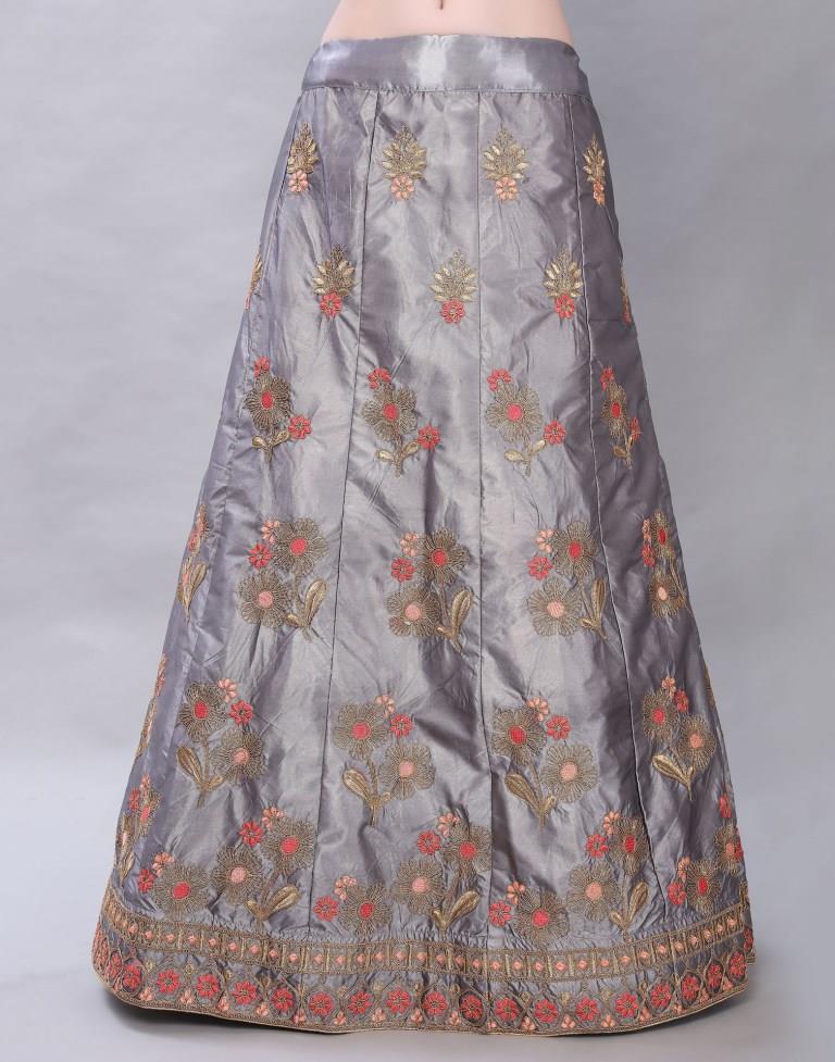 Rust Grey Coloured Satin Silk Embroidered Casual Wear Lehenga | Leemboodi