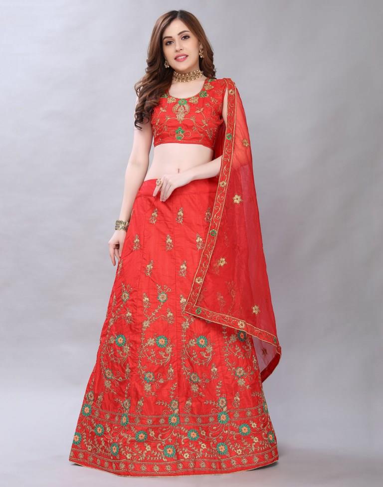 Peppy Red Coloured Poly Silk Embroidered Casual Wear Lehenga | Leemboodi