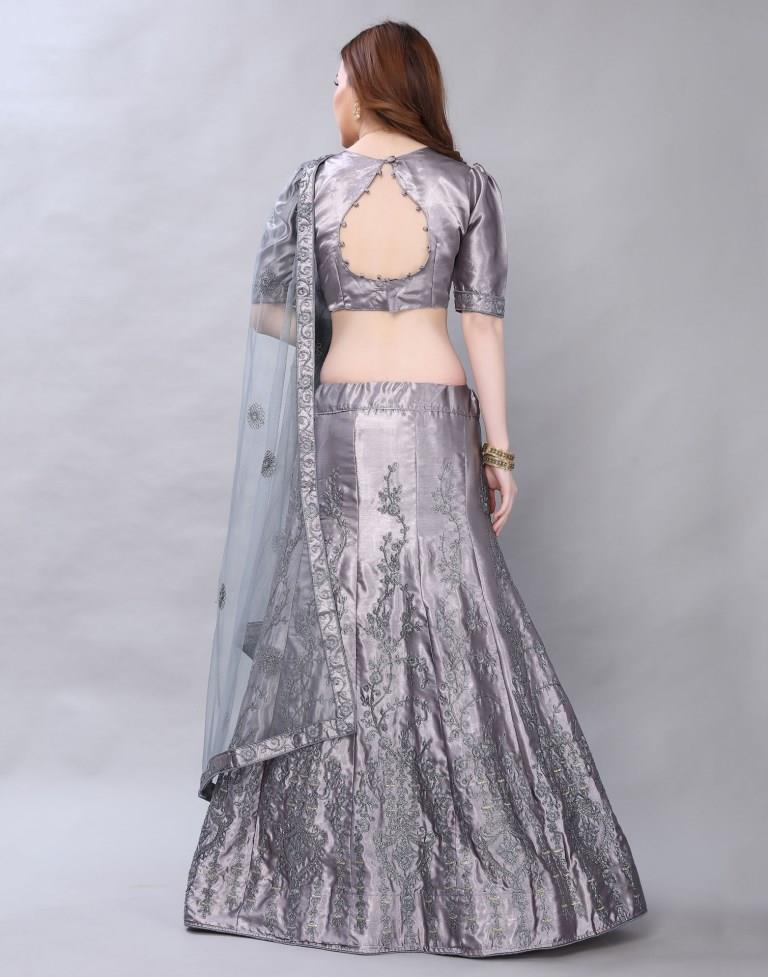 Graceful Grey Coloured Satin Silk Embroidered Casual Wear Lehenga | Leemboodi
