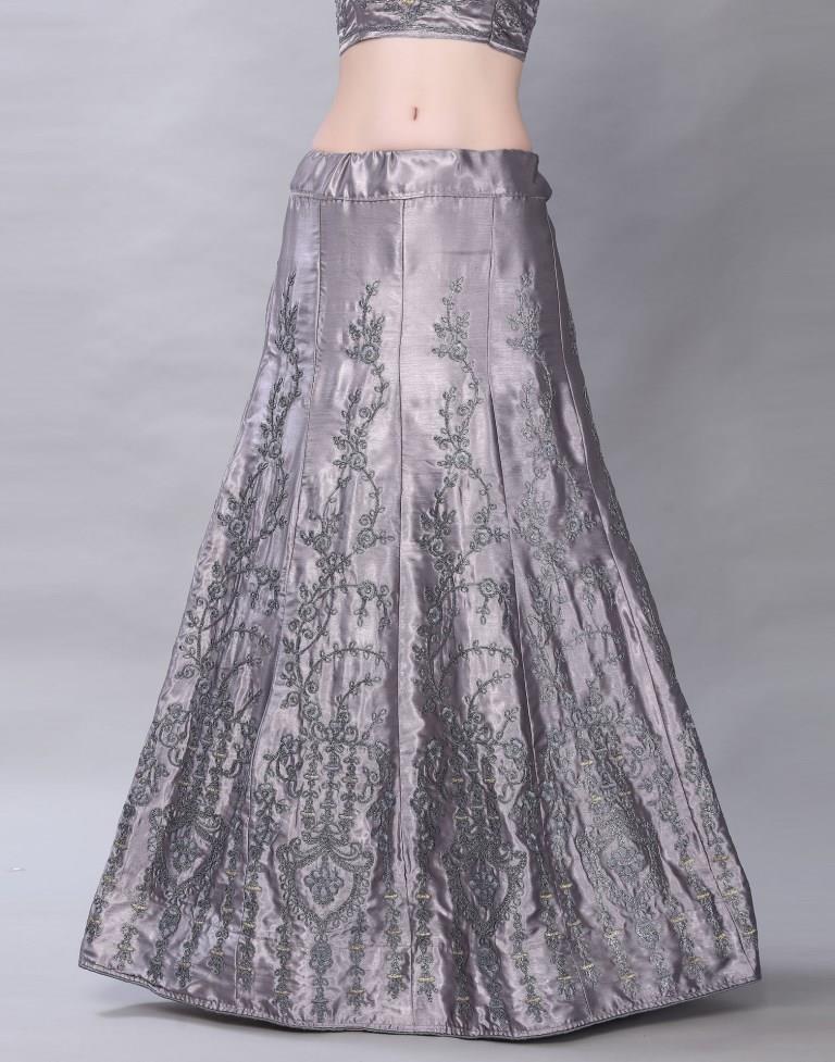 Graceful Grey Coloured Satin Silk Embroidered Casual Wear Lehenga | Leemboodi