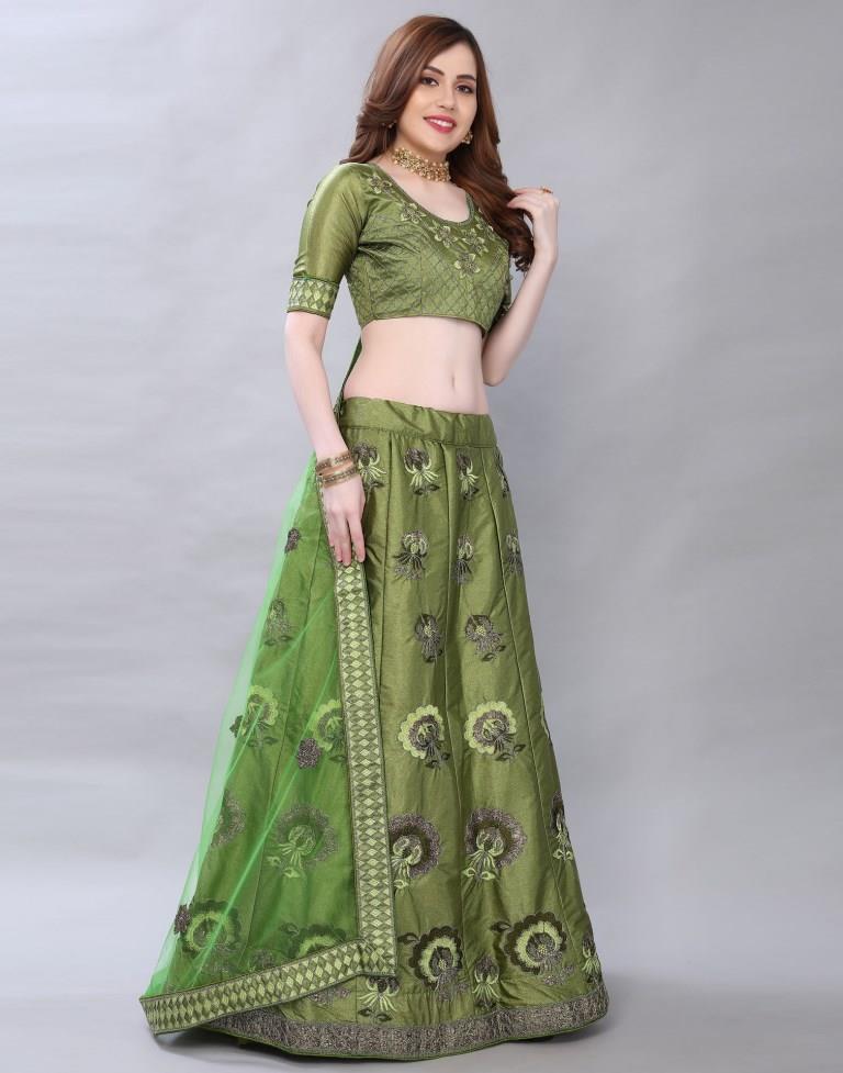 Picturesque Olive Green Coloured Satin Silk Embroidered Casual Wear Lehenga | Leemboodi