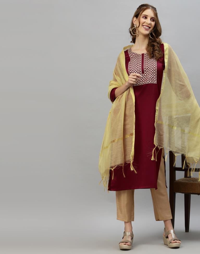 Maroon Kurti With Pant And Dupatta | Leemboodi