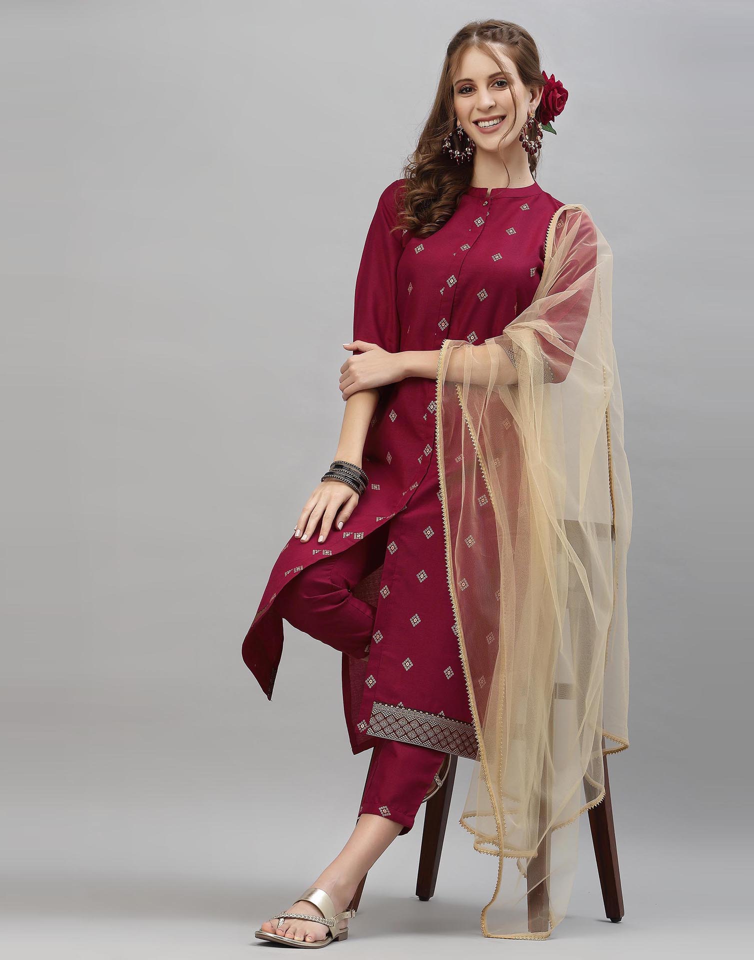 Maroon Kurti With Pant And Dupatta | Leemboodi