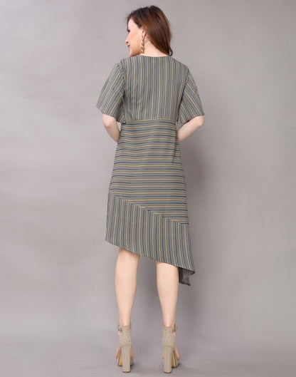 Olive Green Coloured Woven Striped Rayon Dress | Leemboodi