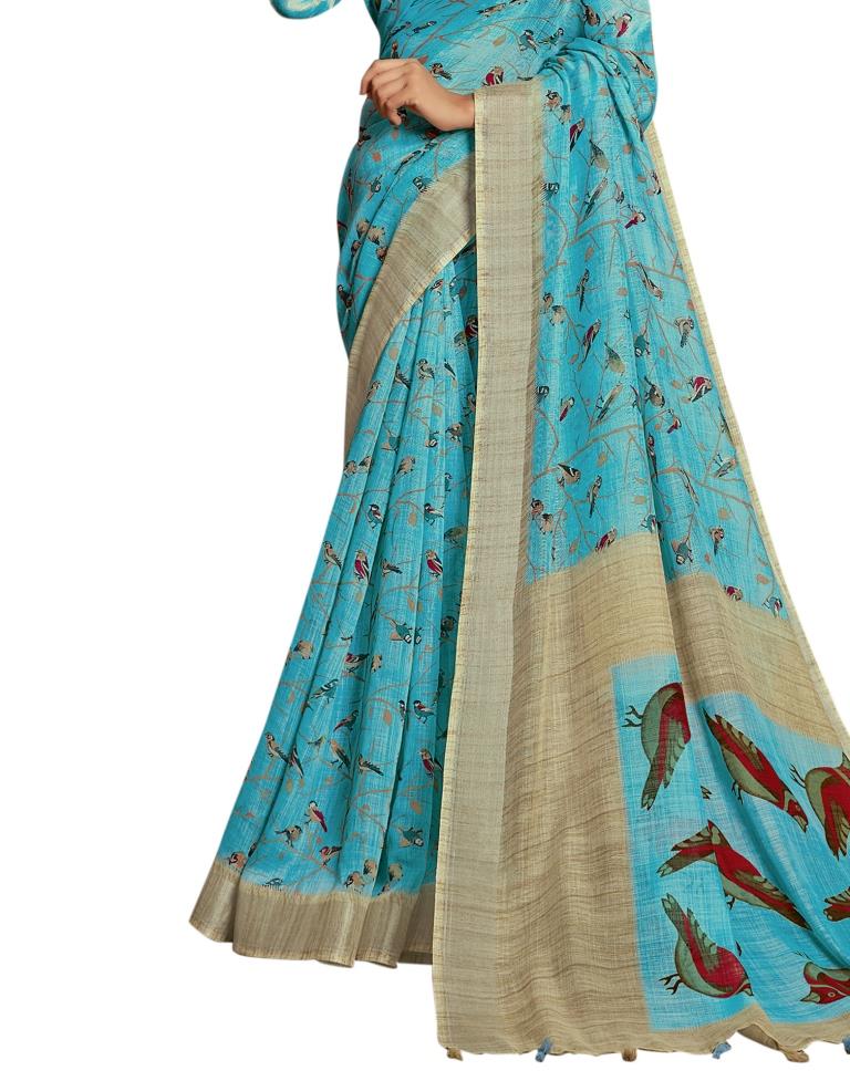 Blue Coloured Poly Cotton Printed Partywear saree | Leemboodi