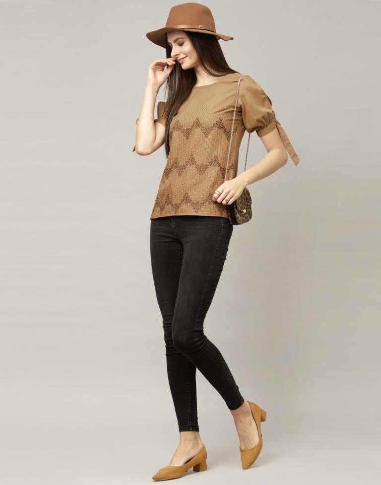 Biscuit Brown Embroidered Top | Leemboodi