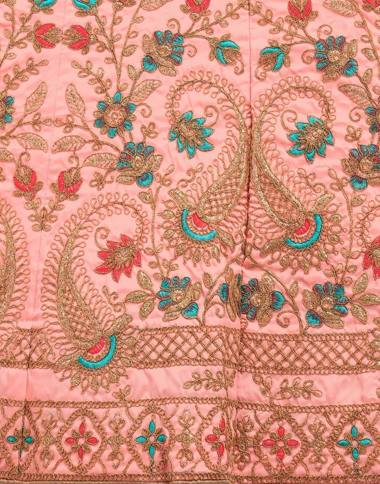 Peach Coloured Taffetta Embroidered Partywear Lehenga | Leemboodi