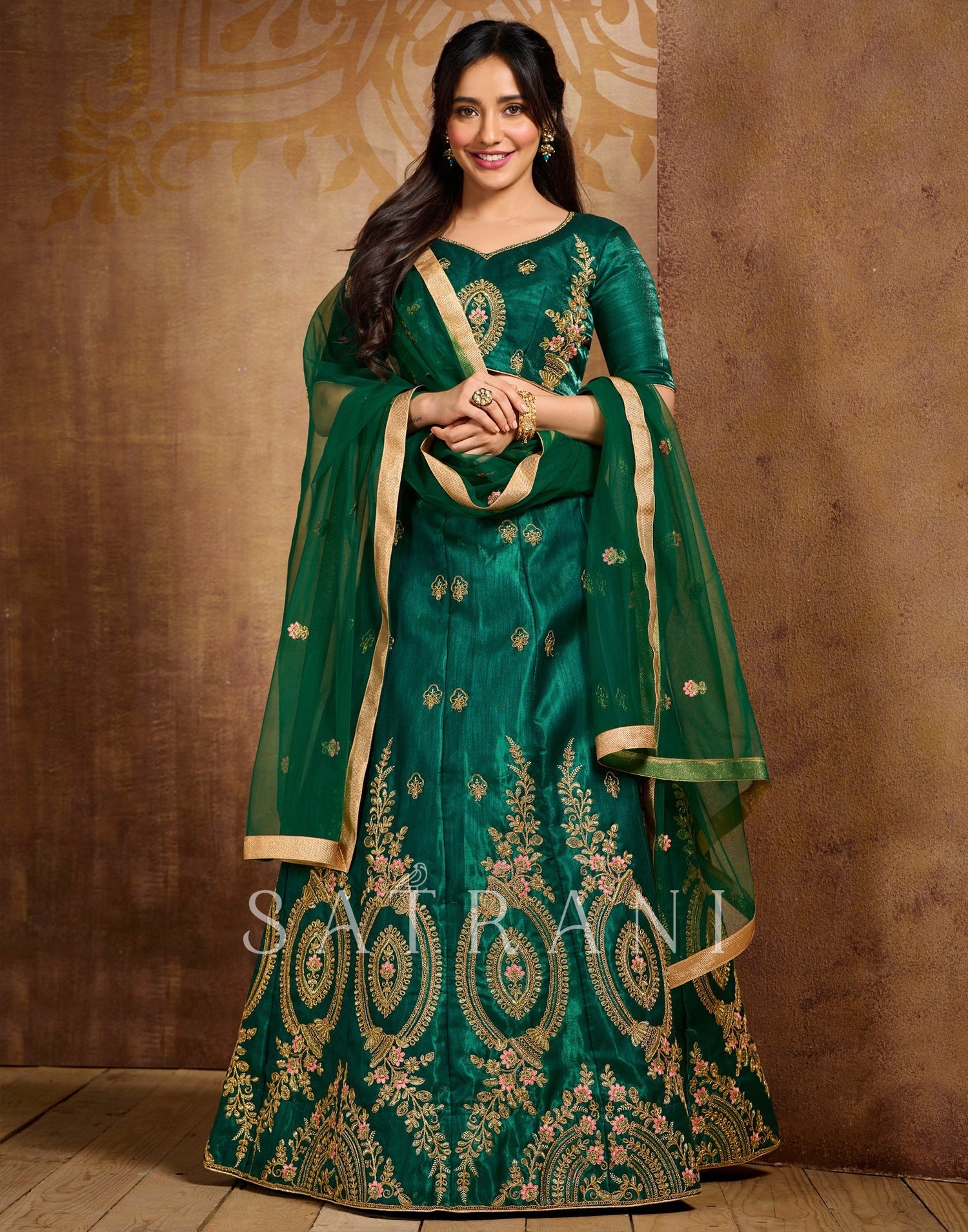 Bottle Green Coloured Poly Silk Embroidered Partywear Lehenga