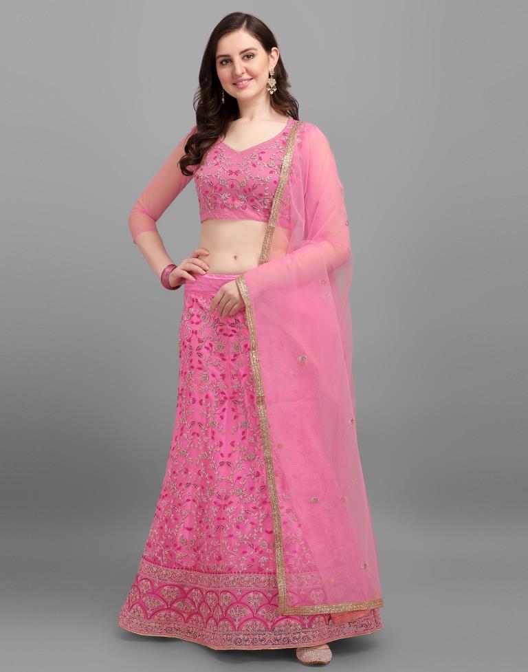 Pink Coloured Net Embroidered Partywear Lehenga