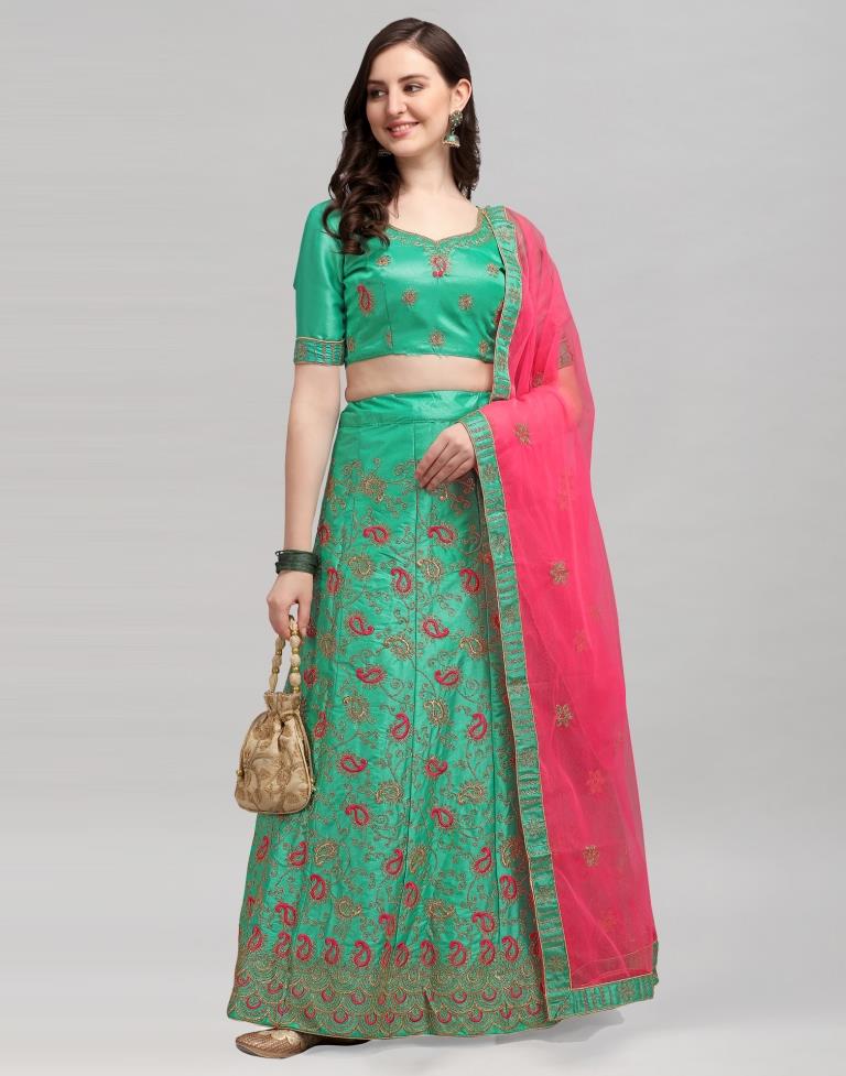 Bottle Green Coloured Poly Silk Embroidered Partywear Lehenga