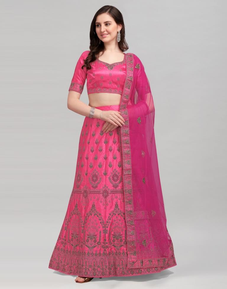 Cherry Pink Coloured Satin Silk Embroidered Partywear Lehenga