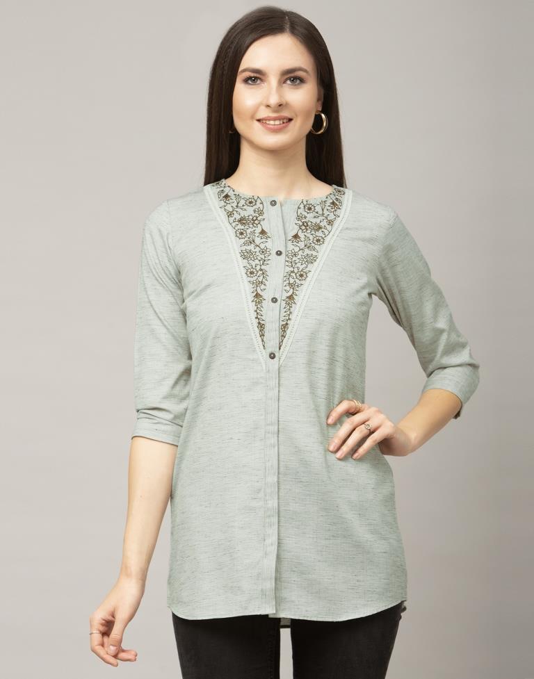 Picturesque Mint Green Coloured Embroidered Cotton Tops | Leemboodi