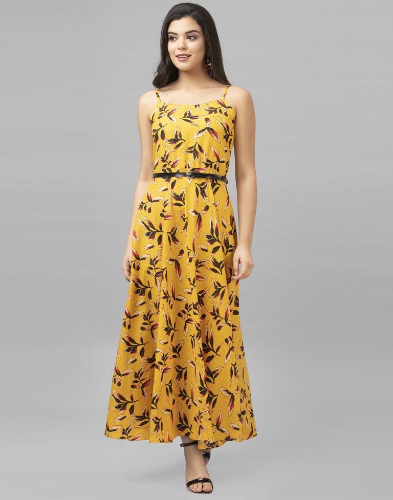 Bedazzling Mustard Yellow Coloured Digital Printed Crepe Dress | Leemboodi