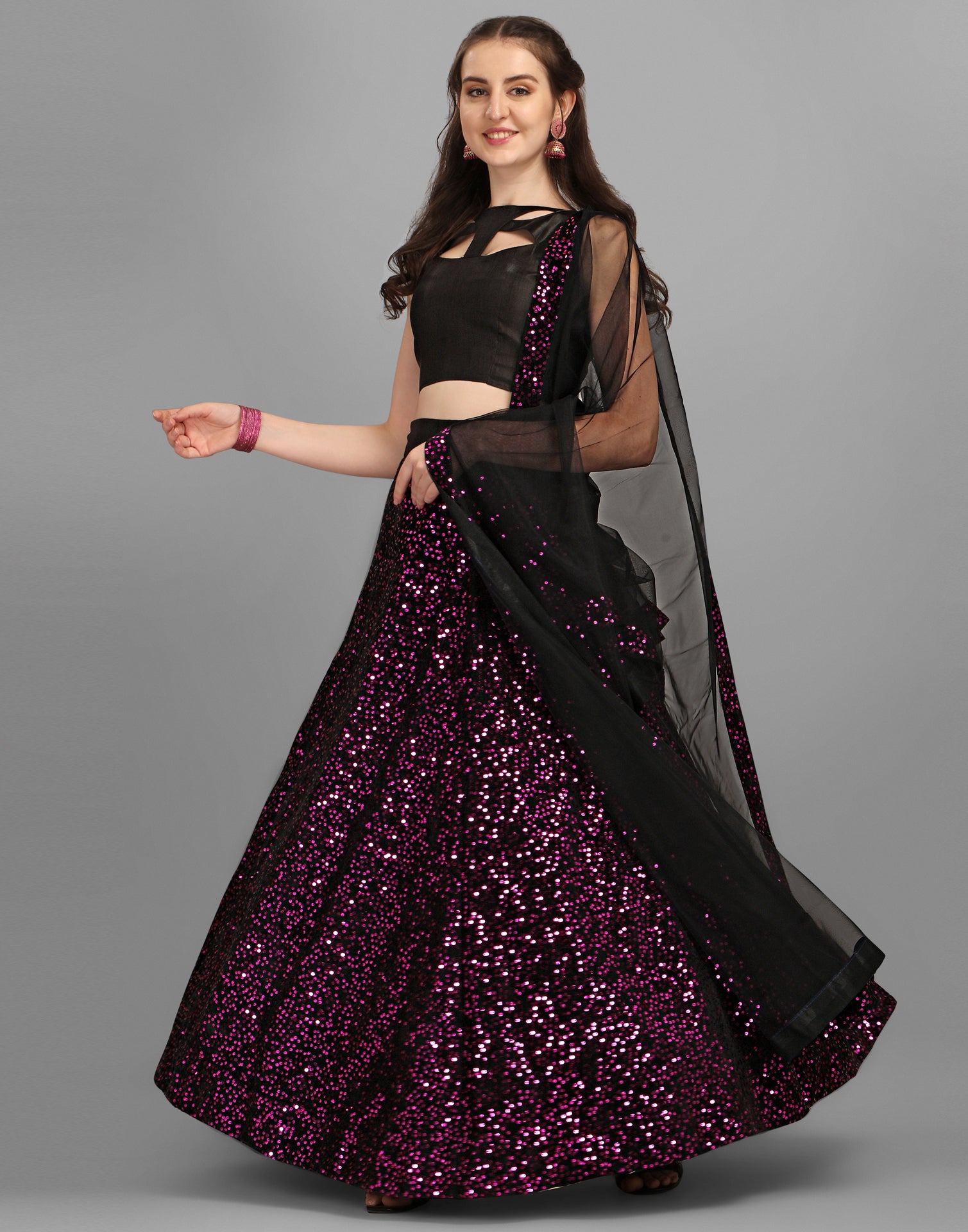 Buy EMZO Women's Net Solid Half Sleeve Semi-Stitched Lehenga, Choli &  Dupatta Set - Size : Free Size (EMZ-1003-Black & Pink) at Amazon.in