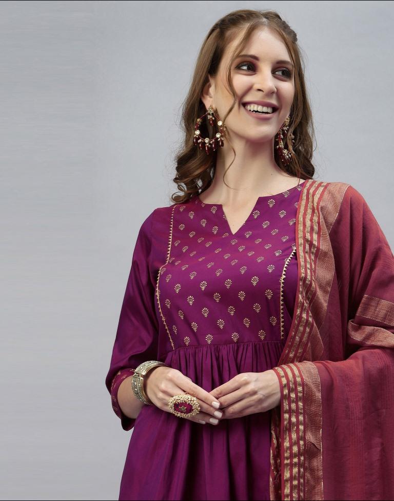 Magenta Kurti With Pant And Dupatta | Leemboodi