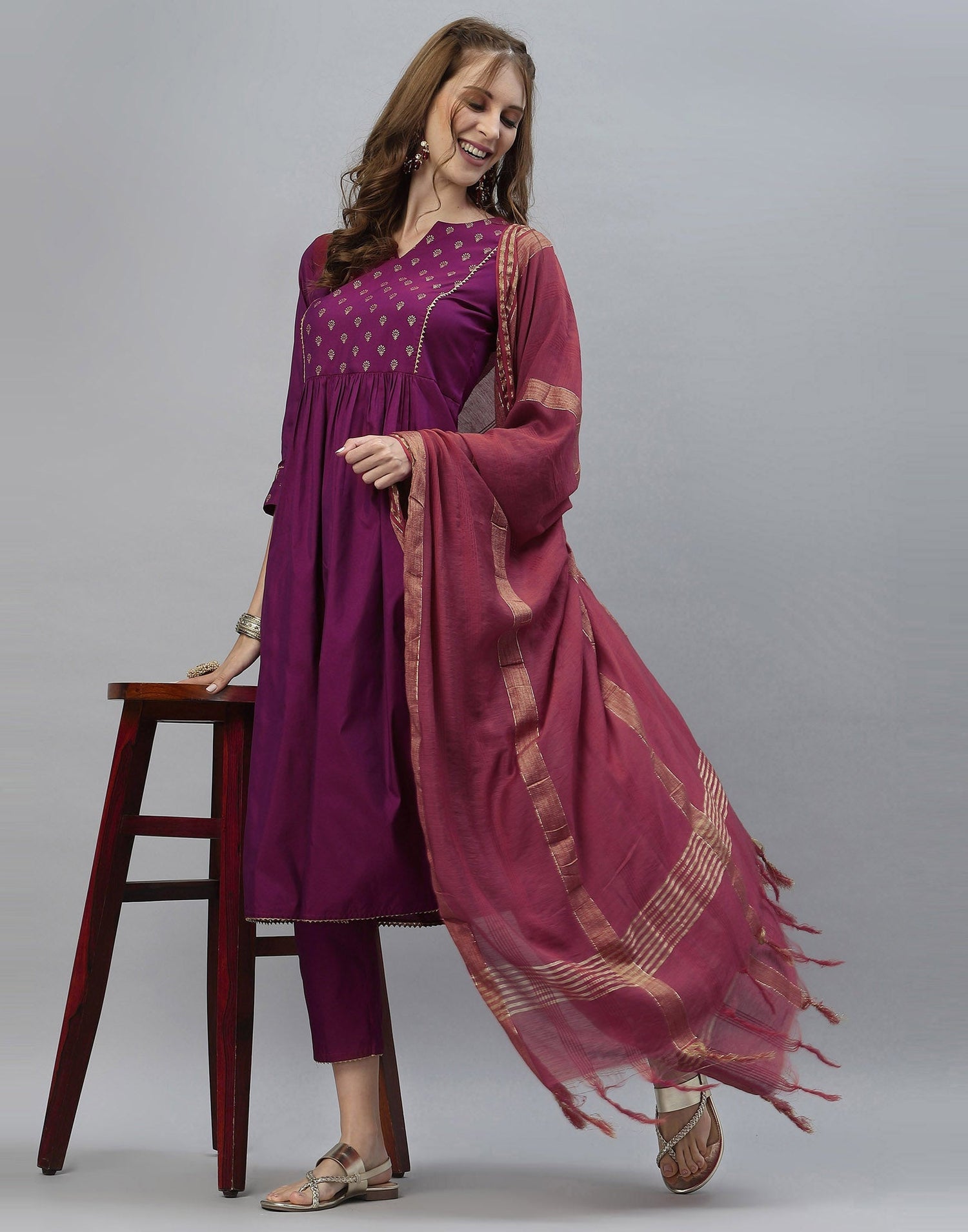 Magenta Kurti With Pant And Dupatta | Leemboodi