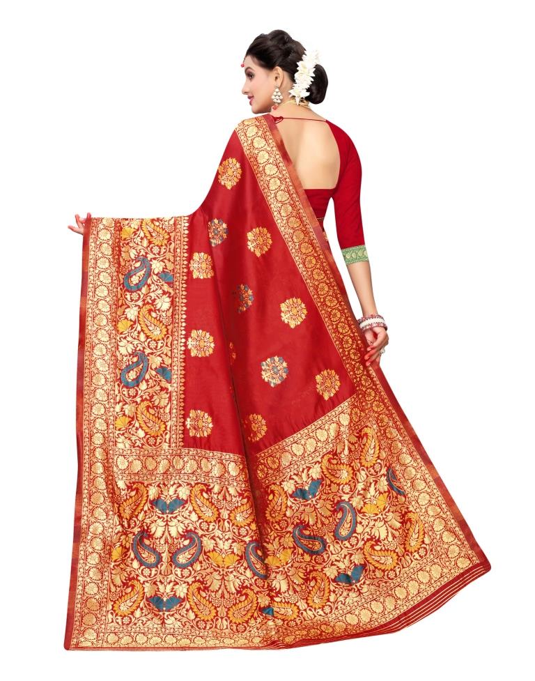 Red Coloured Poly Silk Banarasi Jacquard Partywear saree | Leemboodi
