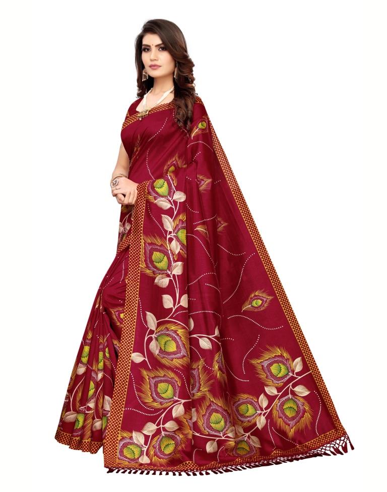 Red Coloured Poly Silk Printed Casual saree | Leemboodi