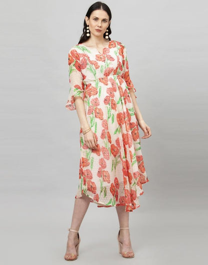 Off White Coloured Printed Chiffon Dress | Leemboodi